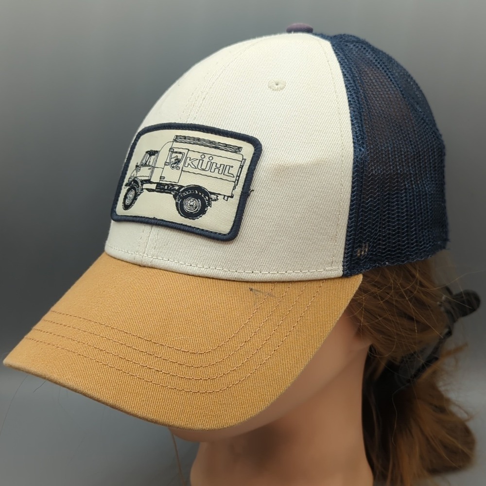 KUHL Trucker Hat Adjustable Khaki/White Navy Mesh Snapback Retro Logo Patch